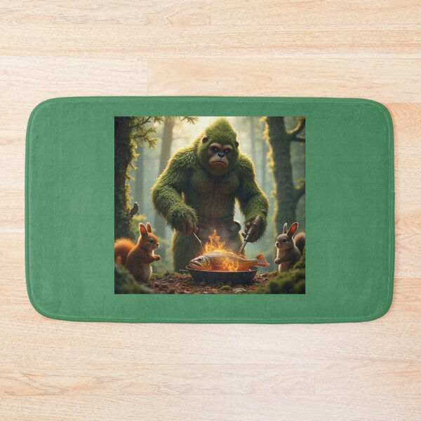 Item preview, Sasquatch frying a big fish for his forest friends designed and sold by seahorse crossing.
