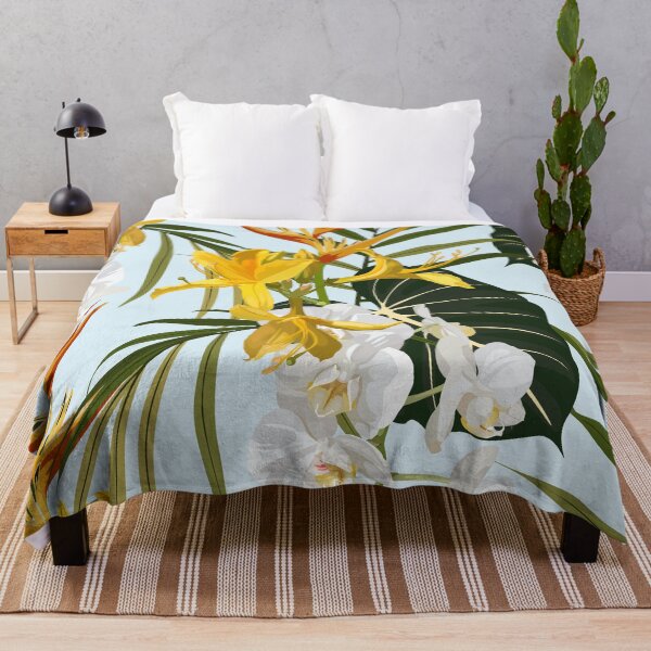 Item preview, Tropical orchid and exotic orange flowers on blue background.  designed and sold by MatyKotiv.