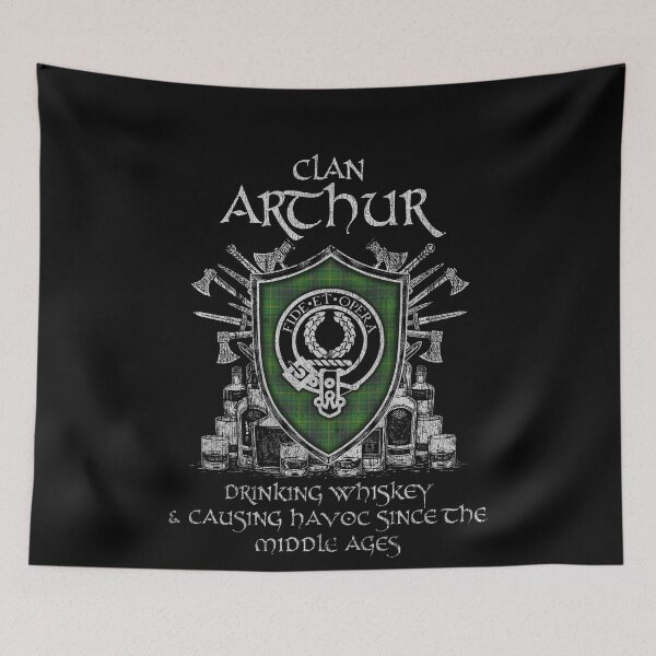 Item preview, Clan Arthur drinking whiskey and causing havoc heritage crest tartan plaid designed and sold by Clan1093.