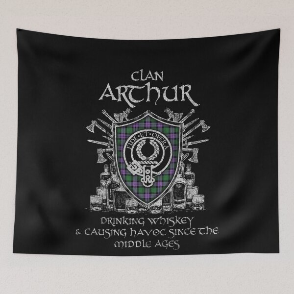 Item preview, Clan Arthur of Milton drinking whiskey and causing havoc heritage crest tartan plaid designed and sold by Clan1093.