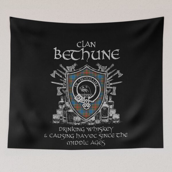 Item preview, Clan Bethune drinking whiskey and causing havoc heritage crest tartan plaid designed and sold by Clan1093.