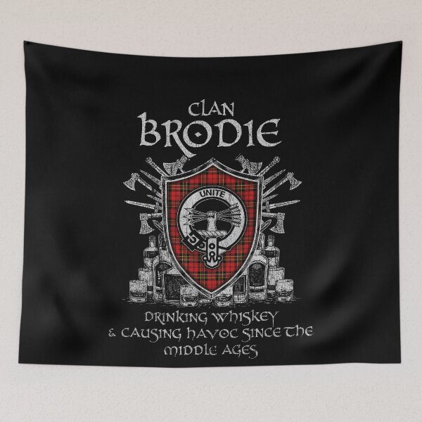 Item preview, Clan Brodie red drinking whiskey and causing havoc heritage crest tartan plaid designed and sold by Clan1093.