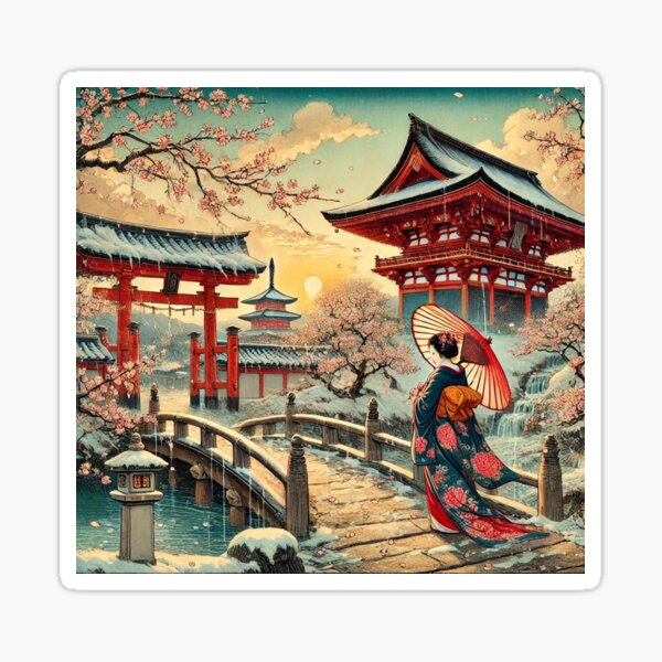 Item preview, Snowy Shrine Path with Kimono Woman - Japanese Culture Art designed and sold by Enoki design.