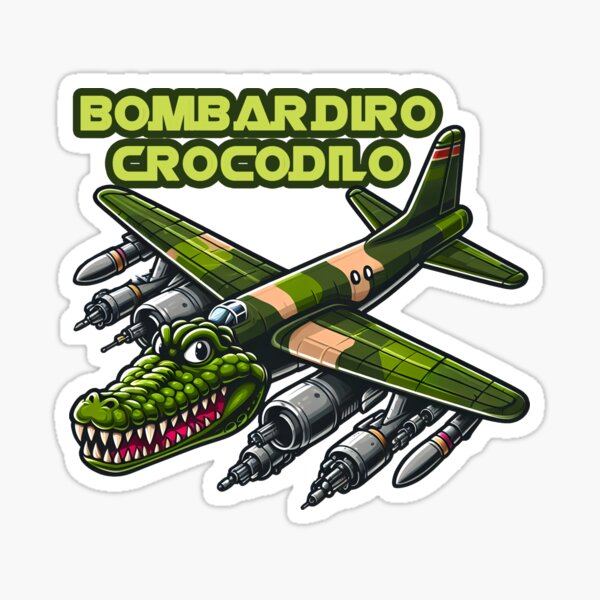 Artikel-Vorschau von Bombardiro Crocodilo mit Namenstext - Cartoon-Krokodil-Fusion mit einem Militärbomber, designt und verkauft von EmeraldeaArt.