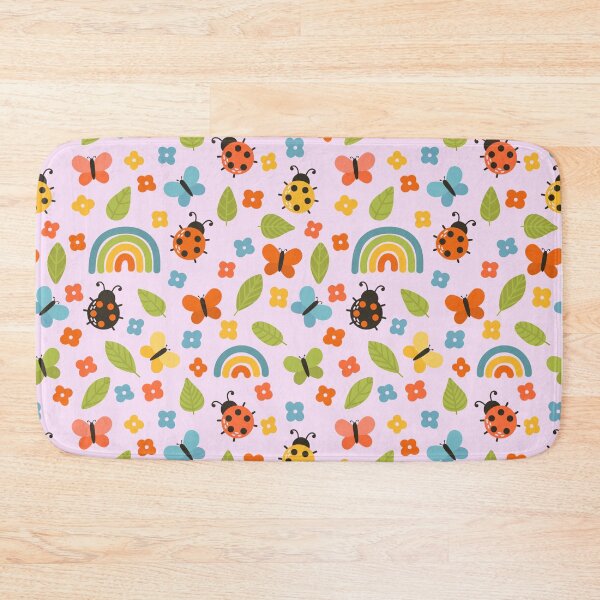 Item preview, Girly colorful pattern -  ladybug, butterfly, rainbow , leaves and little flowers spring garden theme light blue, green and yellow designed and sold by Fantasy Cache.