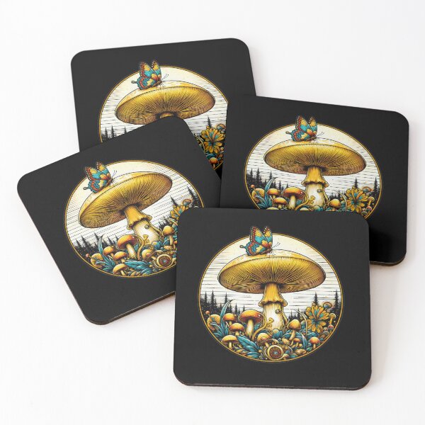 Artikelvorschau, Vintage Art Yellow Pilz mit einem farbenfrohen Schmetterling, Vintage -Pilz, Vintage -Blumen, botanische Kunstwerke, Vintage Botanical entworfen und verkauft von Expressions-Sel.
