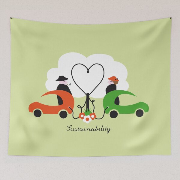 Item preview, Sustainable Love. Two People Falling in Love while Charging their Electric Vehicles designed and sold by Pinkdeer Designs.