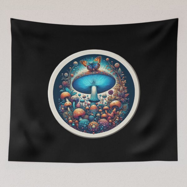 Artikelvorschau, Vintage Art Blue Flower Pilzs mit Schmetterling in der Nacht, Vintage -Pilz, Vintage -Blumen, botanische Kunstwerke, Vintage Botanical entworfen und verkauft von Expressions-Sel.
