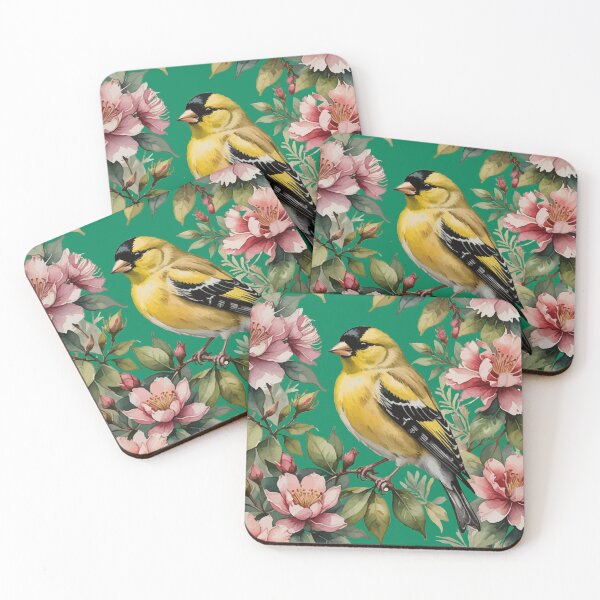 Item preview, American Goldfinch Amongst Pink Rhododendron Flowers designed and sold by taiche.