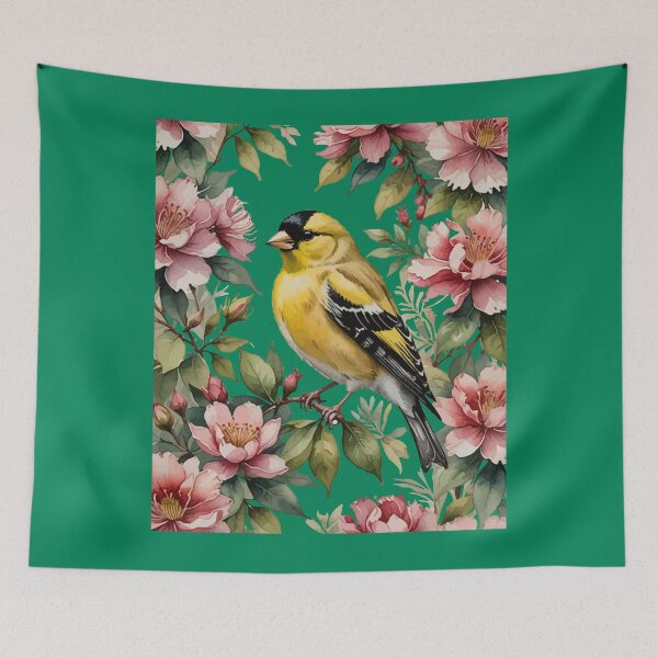 Item preview, American Goldfinch Amongst Pink Rhododendron Flowers designed and sold by taiche.
