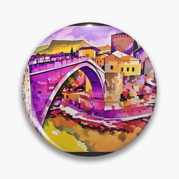 Item preview, Bosnia Mostar bridge in fall colours with purple, yellow, orange  designed and sold by wallartofmio.