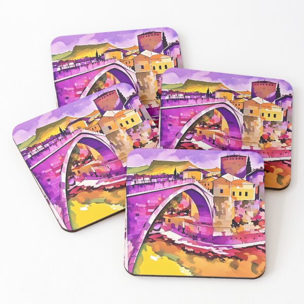 Item preview, Bosnia Mostar bridge in fall colours with purple, yellow, orange  designed and sold by wallartofmio.