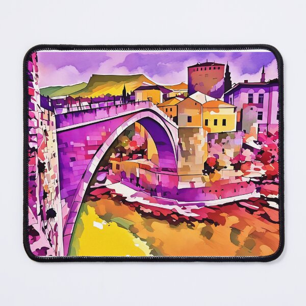 Item preview, Bosnia Mostar bridge in fall colours with purple, yellow, orange  designed and sold by wallartofmio.