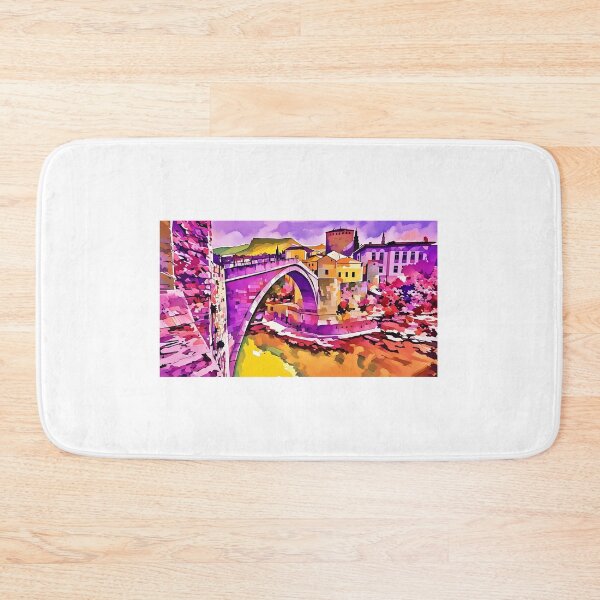 Item preview, Bosnia Mostar bridge in fall colours with purple, yellow, orange  designed and sold by wallartofmio.