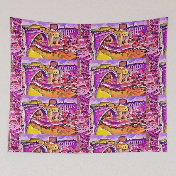 Item preview, Bosnia Mostar bridge in fall colours with purple, yellow, orange  designed and sold by wallartofmio.