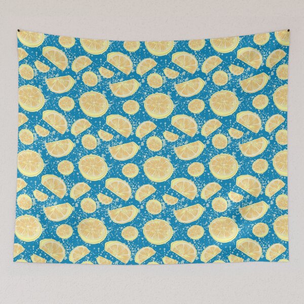 Aperçu de l'œuvre Motif éclaboussures de citron, jaune pastel sur bleu ciel profond créée et vendue par Free-Spirit-Meg.