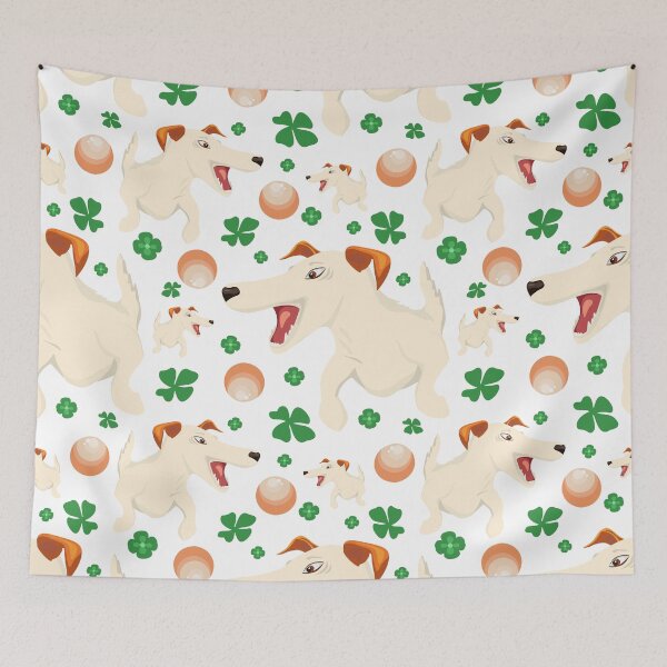 Item preview, Seamless pattern with energetic smooth-haired fox terrier, ball and four leaf clover designed and sold by olenapetol.