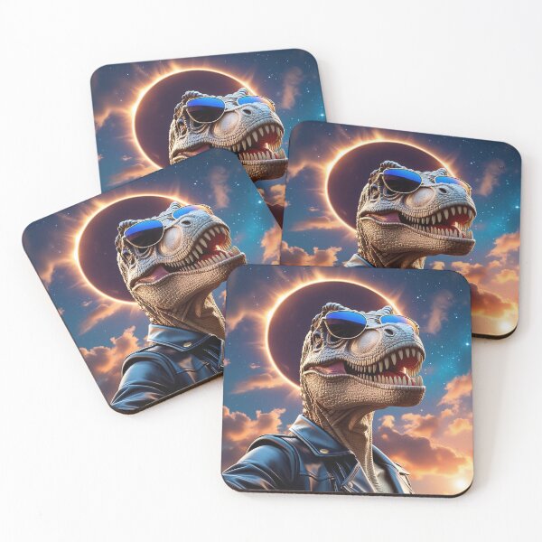 Item preview, Cool dinosaur with sunglasses posing during a solar eclipse against a dramatic sunset sky designed and sold by olenapetol.