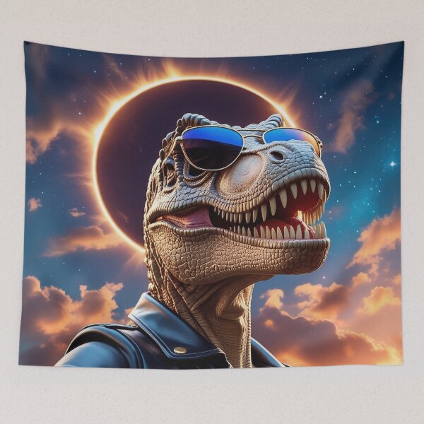 Item preview, Cool dinosaur with sunglasses posing during a solar eclipse against a dramatic sunset sky designed and sold by olenapetol.