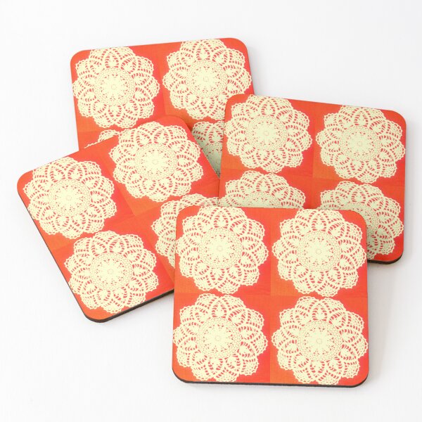 Item preview, White vintage crochet flower lace doily on orange background designed and sold by MoreThanTat.