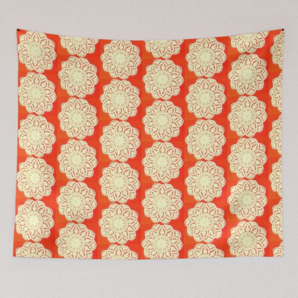 Item preview, White vintage crochet flower lace doily on orange background designed and sold by MoreThanTat.