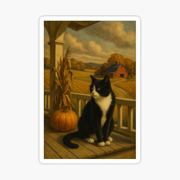 Item preview, Harvest Watcher – Tuxedo Cat on a Farmhouse Porch designed and sold by LesChatsArt.