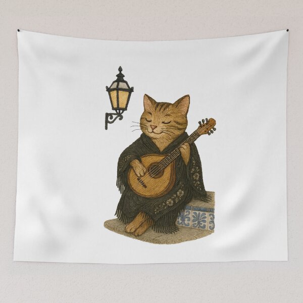 Item preview, Fado Cat Serenading with Guitar Under Lisbon Street Lamp designed and sold by #Adulting Central.