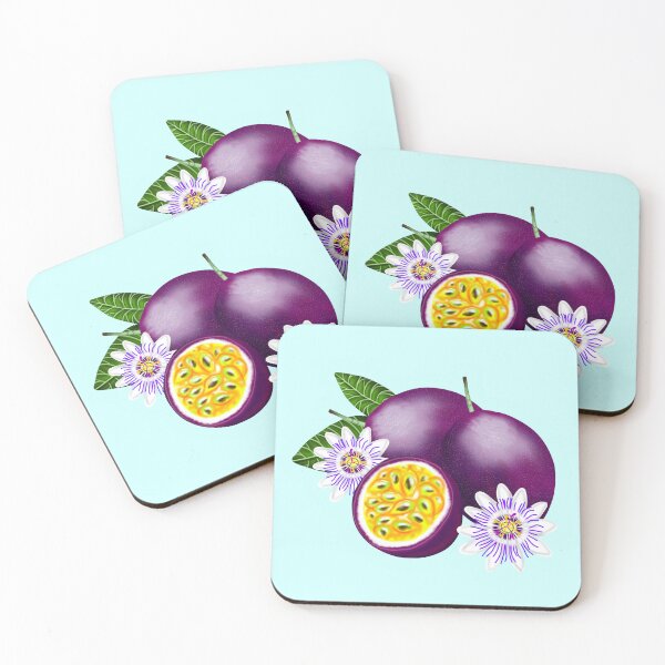 Item preview, Purple and yellow passion fruit, with green leaves and white flowers and a turquoise border designed and sold by katecheerycake.