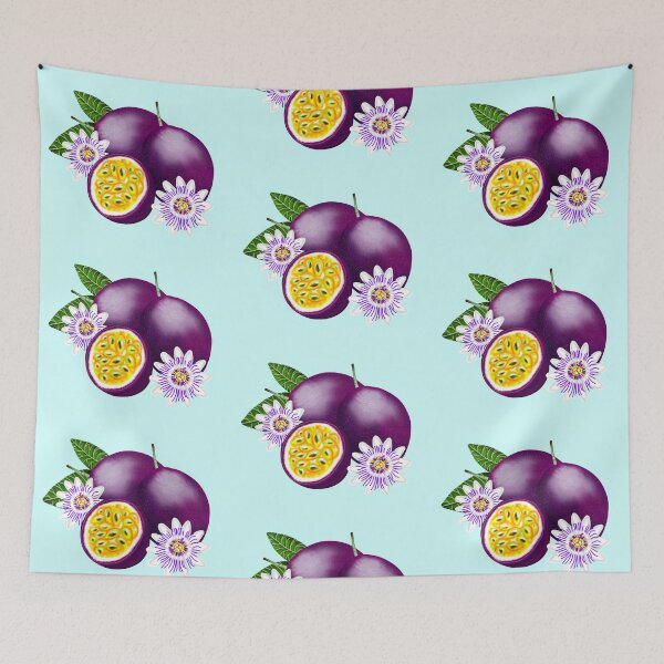 Item preview, Purple and yellow passion fruit, with green leaves and white flowers and a turquoise border designed and sold by katecheerycake.