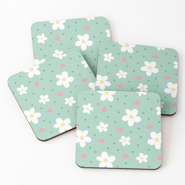 Item preview, Daisy pattern with pink hearts, polka dots, green background designed and sold by Kristin Alcorn.