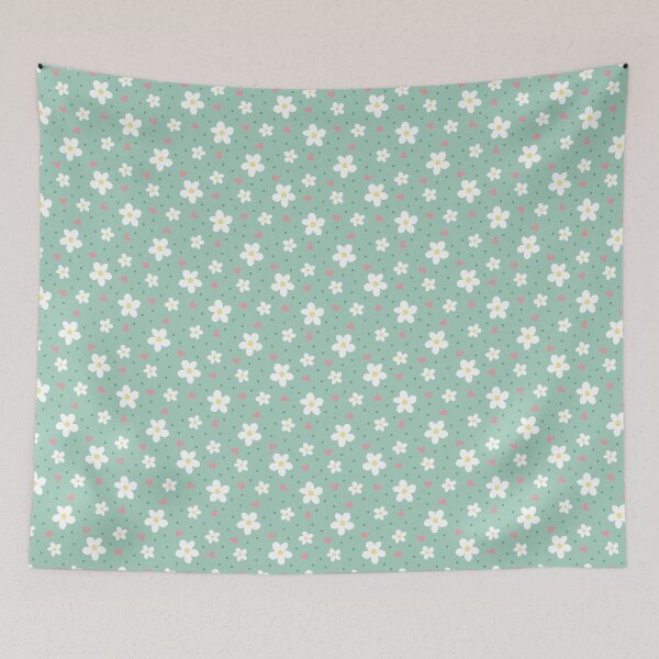 Item preview, Daisy pattern with pink hearts, polka dots, green background designed and sold by Kristin Alcorn.