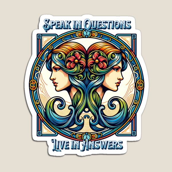 Artikelvorschau, Sprich in Fragen, lebe in Antworten – Gemini Zodiac Twins Jugendstil-Design entworfen und verkauft von NSB-Design.