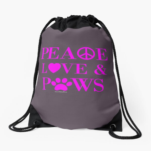 Peace, Love & Paws Neon Pink Dog Slogan Gifts for Dog Lovers Drawstring Bag