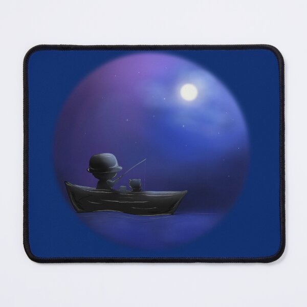 Item preview, A man and a cat fishing in a boat under moonlight illustration designed and sold by CuteLemon00.