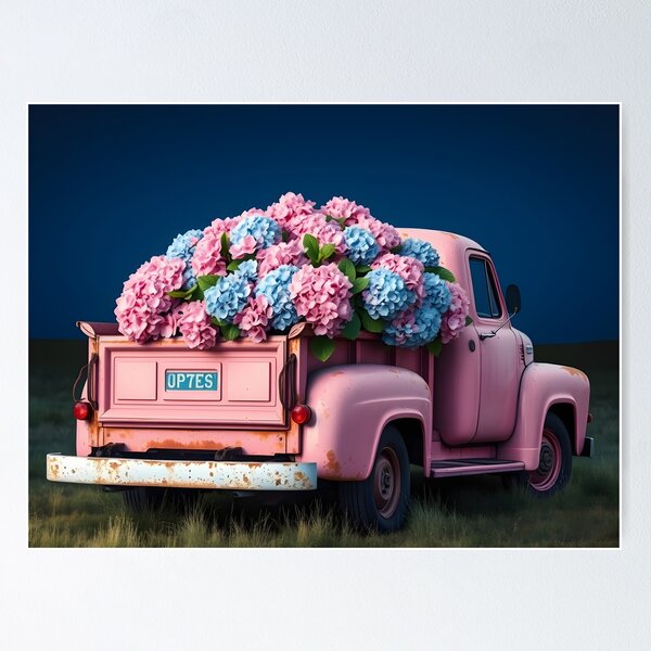 Item preview, Pickup truck carrying variegated pink and blue hydrangeas designed and sold by ponted.