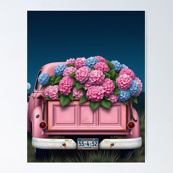 Item preview, Old gardening truck loaded with pink and blue hydrangeas designed and sold by ponted.