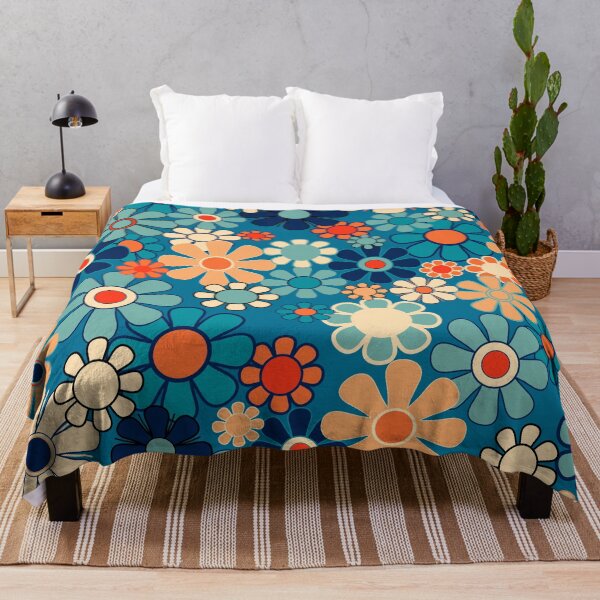 Item preview, Groovy Blue Retro Garden 60s 70s Aesthetic Floral Pattern with Orange 2 designed and sold by kierkegaard.