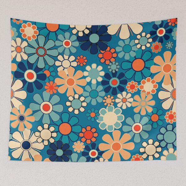 Item preview, Groovy Blue Retro Garden 60s 70s Aesthetic Floral Pattern with Orange 2 designed and sold by kierkegaard.