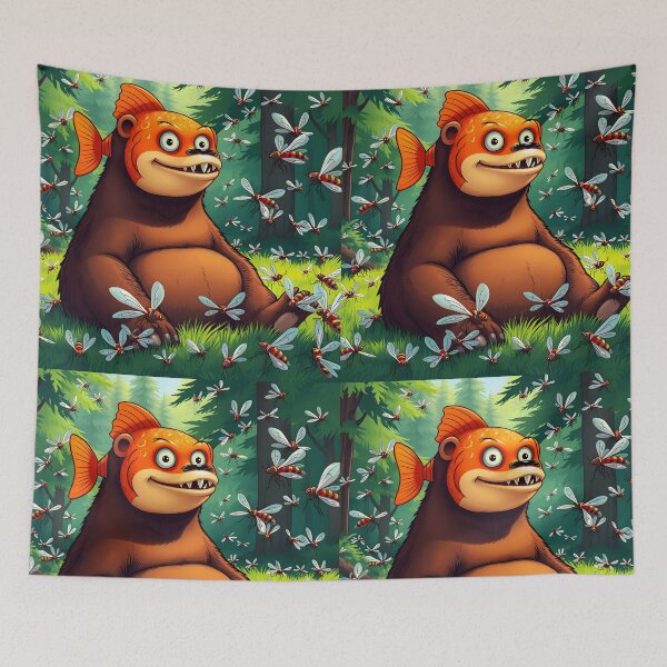 Item preview, Trippi Troppi Fish Bear Italian Brainrot cartoon character portraiture in forest surrounded by mosquitoes designed and sold by EmeraldeaArt.