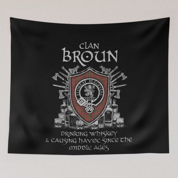 Item preview, Clan Broun of Castledean drinking whiskey and causing havoc heritage crest tartan plaid designed and sold by Clan1093.