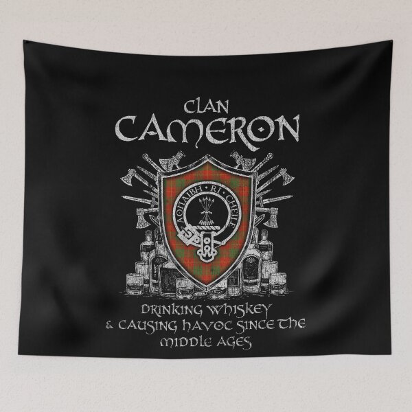 Item preview, Clan Cameron drinking whiskey and causing havoc heritage crest tartan plaid designed and sold by Clan1093.
