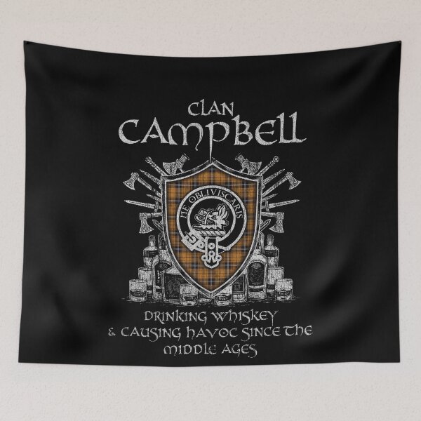 Item preview, Clan Campbell Camel drinking whiskey and causing havoc heritage crest tartan plaid designed and sold by Clan1093.