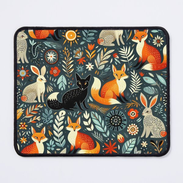 Item preview, Scandinavian Folk Art Foxes & Rabbits – Nordic Woodland Pattern with Black Fox by heidiannemorris designed and sold by FOLK ART FUSION by heidiannemorris.