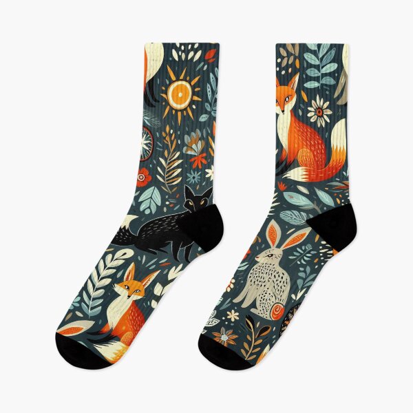 Item preview, Scandinavian Folk Art Foxes & Rabbits – Nordic Woodland Pattern with Black Fox by heidiannemorris designed and sold by FOLK ART FUSION by heidiannemorris.