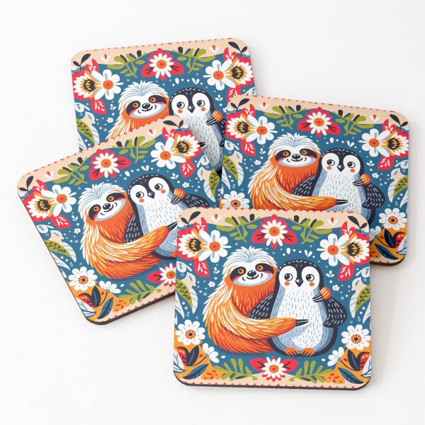 Item preview, Scandinavian Folk Art Cute Sloth with Penguin – Nordic Whimsical Friends by heidiannemorris designed and sold by FOLK ART FUSION by heidiannemorris.