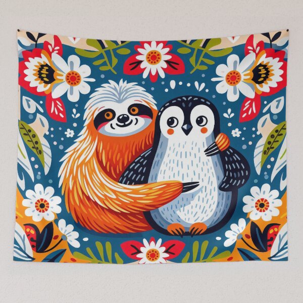 Item preview, Scandinavian Folk Art Cute Sloth with Penguin – Nordic Whimsical Friends by heidiannemorris designed and sold by FOLK ART FUSION.