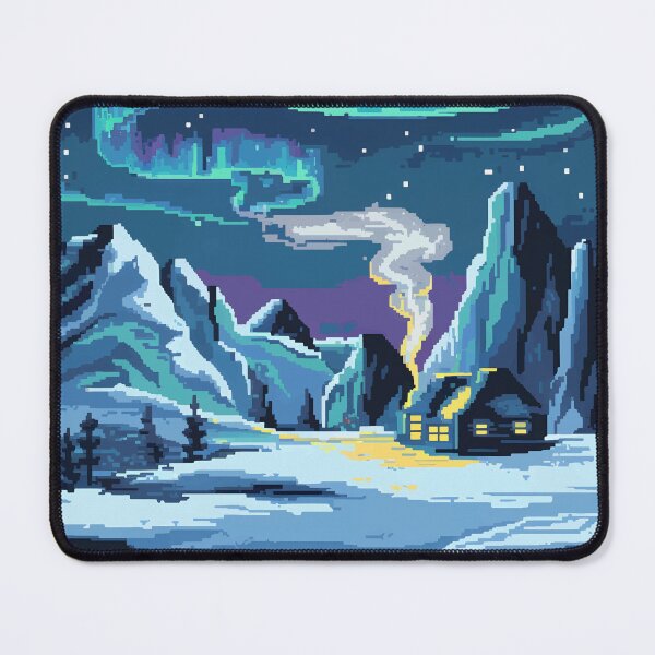 Item preview, Pixel Art Northern Lights Cozy Cabin in Snowy Mountains designed and sold by NaturePixel.