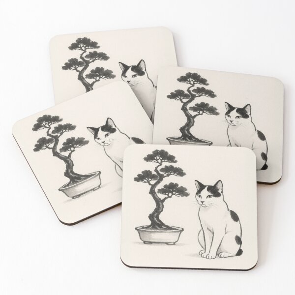 Item preview, Serenity in Ink- Japanese Bobtail with Bonsai designed and sold by LesChatsArt.