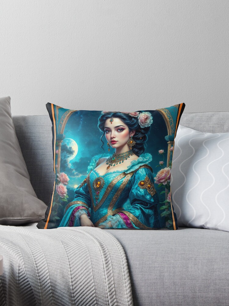Moonlit Portrait Of The Renaissance Beauty Aurelia Valeriana Gorgeous AI Concept Art by Xzendor7 Decorative Art Print Throw Pillow