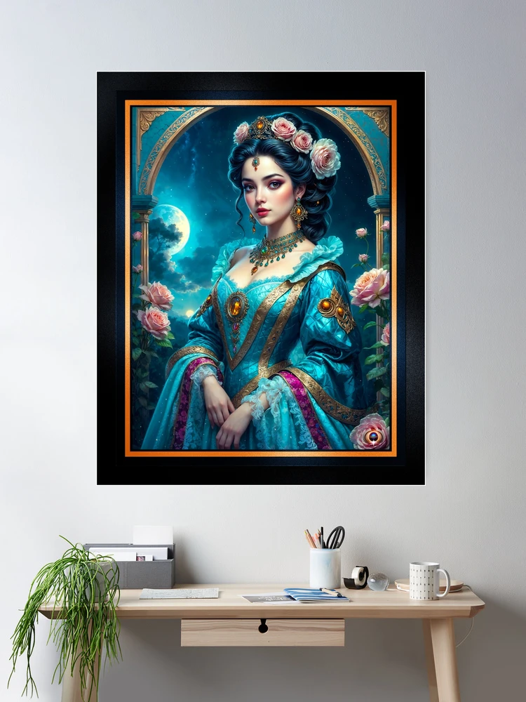 Moonlit Portrait Of The Renaissance Beauty Aurelia Valeriana Gorgeous AI Concept Art by Xzendor7 Wall Decor Poster Art Print